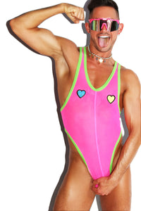 Rave Heart Pastie Mesh Thong Bodysuit- Neon Pink