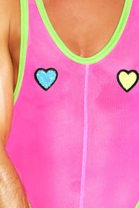 Rave Heart Pastie Mesh Thong Bodysuit- Neon Pink