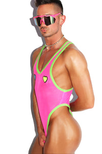 Rave Heart Pastie Mesh Thong Bodysuit- Neon Pink