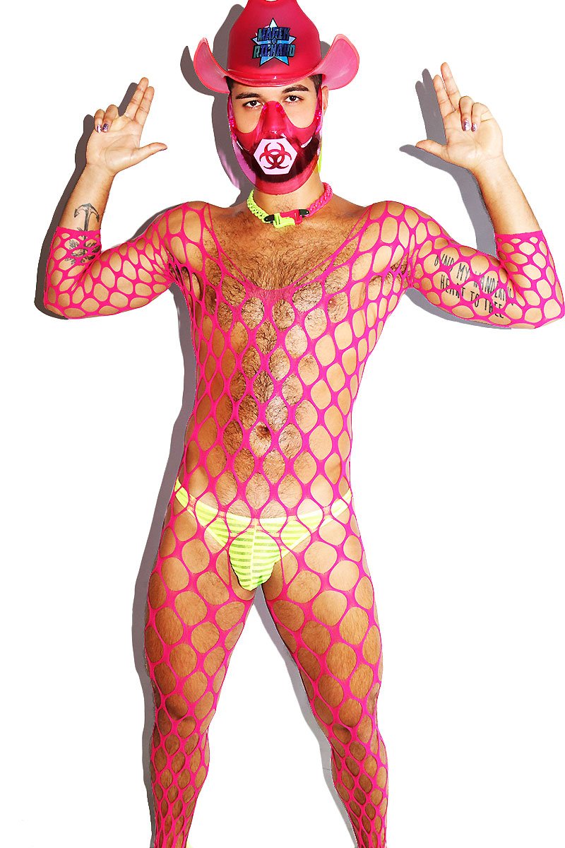 Wide Fishnet Bodysuit Tights- Neon Pink