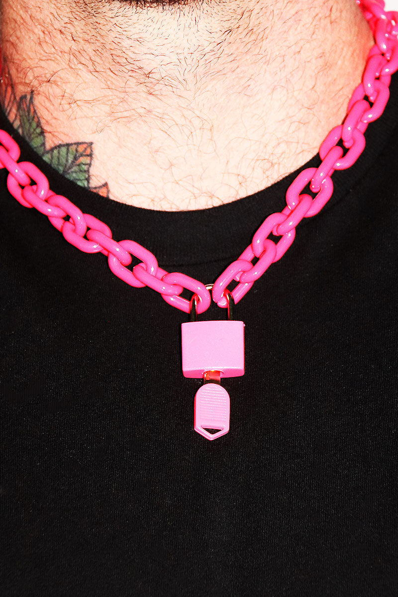 Neon Chain Lock Necklace - Pink