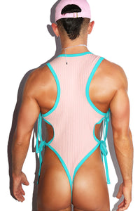 Party Gurl Rib Cutout Rib Knit Tied Up Bodysuit- Pink