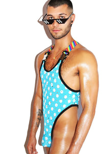 Rainbow Dot Thong Bodysuit- Blue