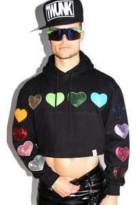 Pride Hearts Crop Long Sleeve Hoodie-Black