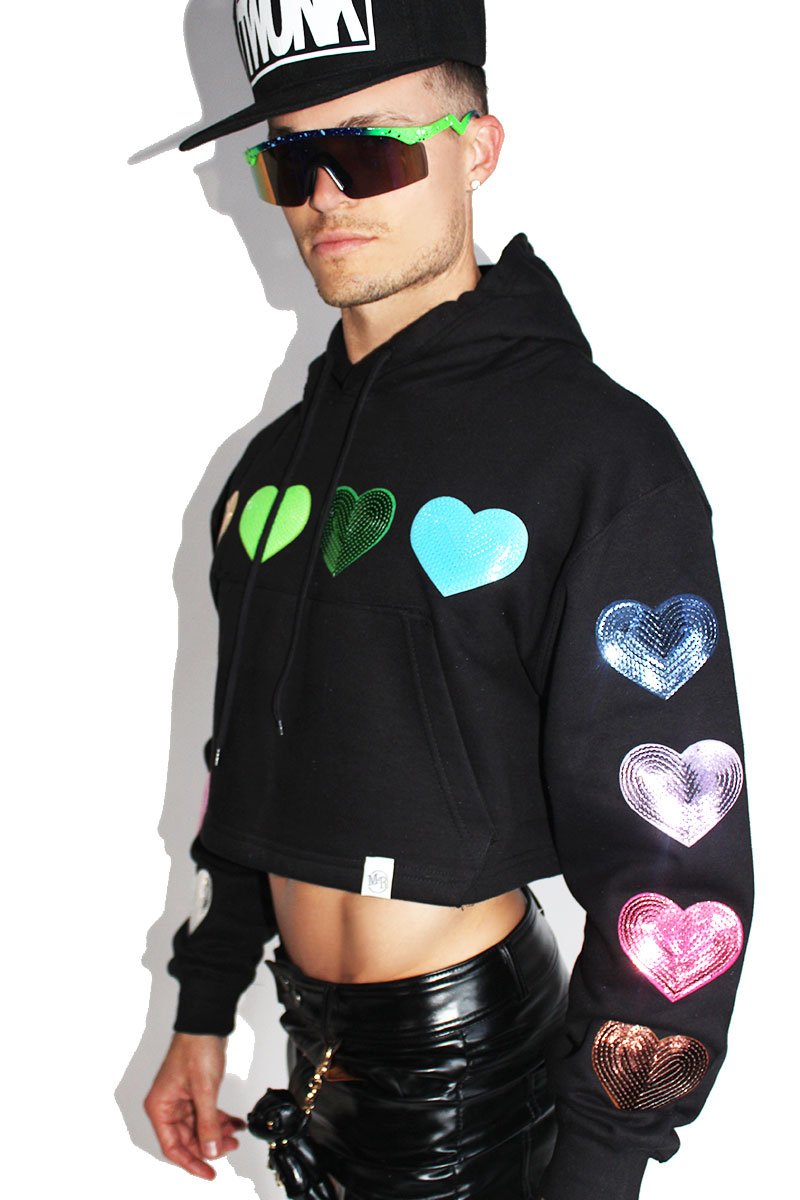 Pride Hearts Crop Long Sleeve Hoodie Black Marek Richard