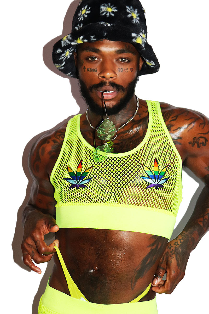 Weed Rainbow Pasties Mesh Crop Tank- Neon Yellow