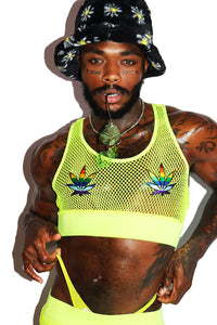 Weed Rainbow Pasties Mesh Crop Tank- Neon Yellow