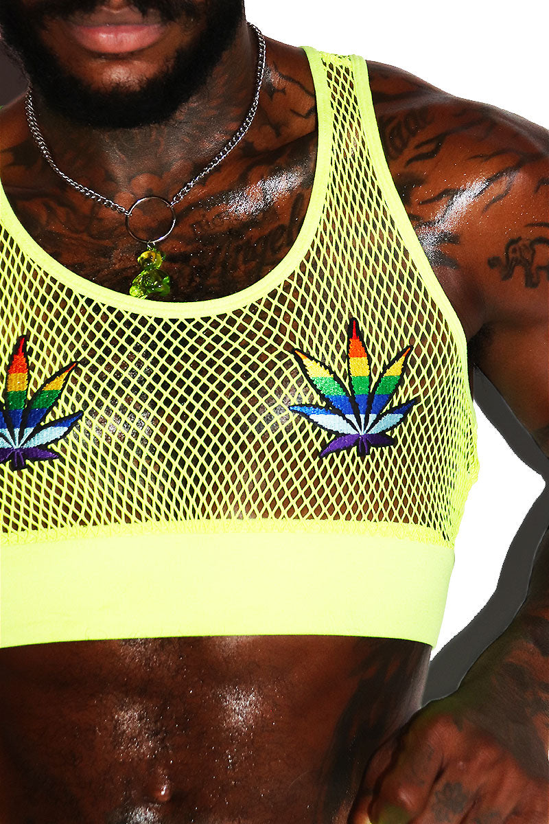 Weed Rainbow Pasties Mesh Crop Tank- Neon Yellow