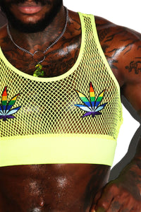 Weed Rainbow Pasties Mesh Crop Tank- Neon Yellow
