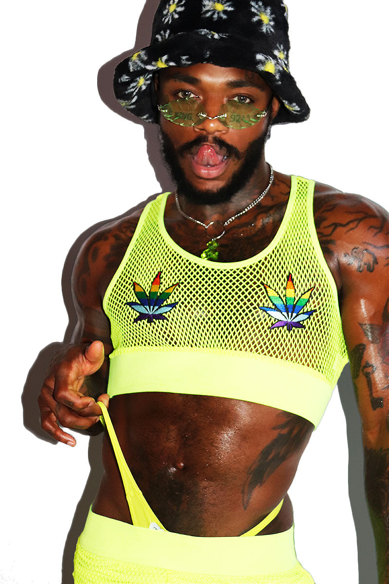Weed Rainbow Pasties Mesh Crop Tank- Neon Yellow