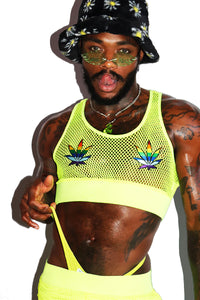 Weed Rainbow Pasties Mesh Crop Tank- Neon Yellow