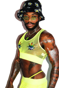 Weed Rainbow Pasties Mesh Crop Tank- Neon Yellow