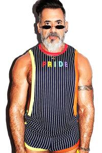 Retro Pride Stripe Low Arm Tank-Navy