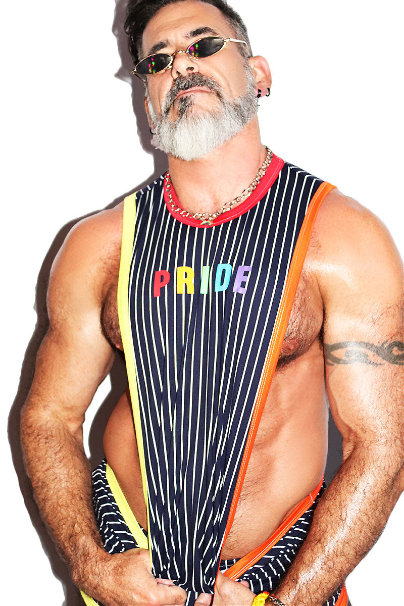 Retro Pride Stripe Low Arm Tank-Navy