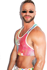 Rainbow Patch Mesh Crop Racerback Tank- Multi