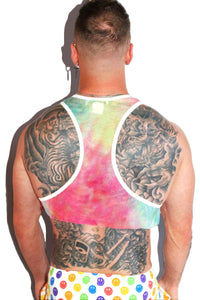 Rainbow Patch Mesh Crop Racerback Tank- Multi