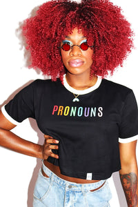 Pronouns Unisex Crop Ringer Tee- Black