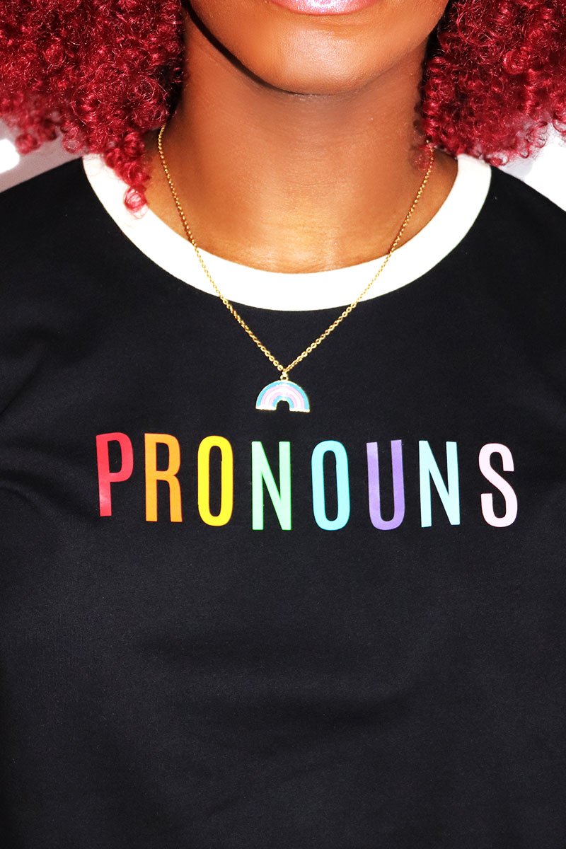 Pronouns Unisex Crop Ringer Tee- Black
