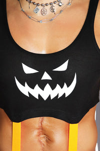 Pumpkin Garter Rib Knit Crop Racerback Tank- Black