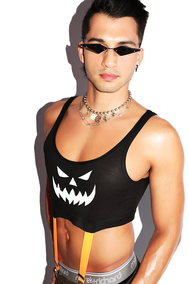 Pumpkin Garter Rib Knit Crop Racerback Tank- Black