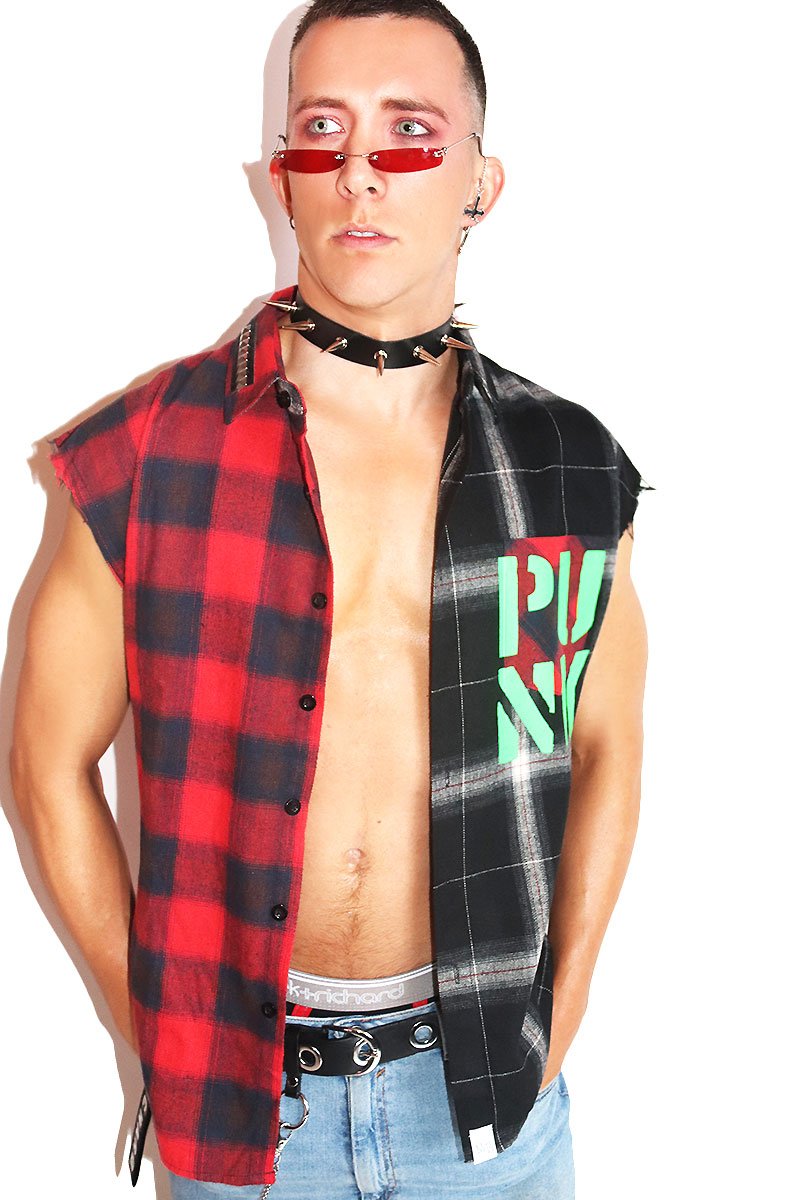 Young Punk Sleeveless Plaid Shirt- Red