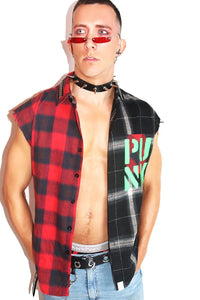 Young Punk Sleeveless Plaid Shirt- Red
