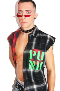 Young Punk Sleeveless Plaid Shirt- Red