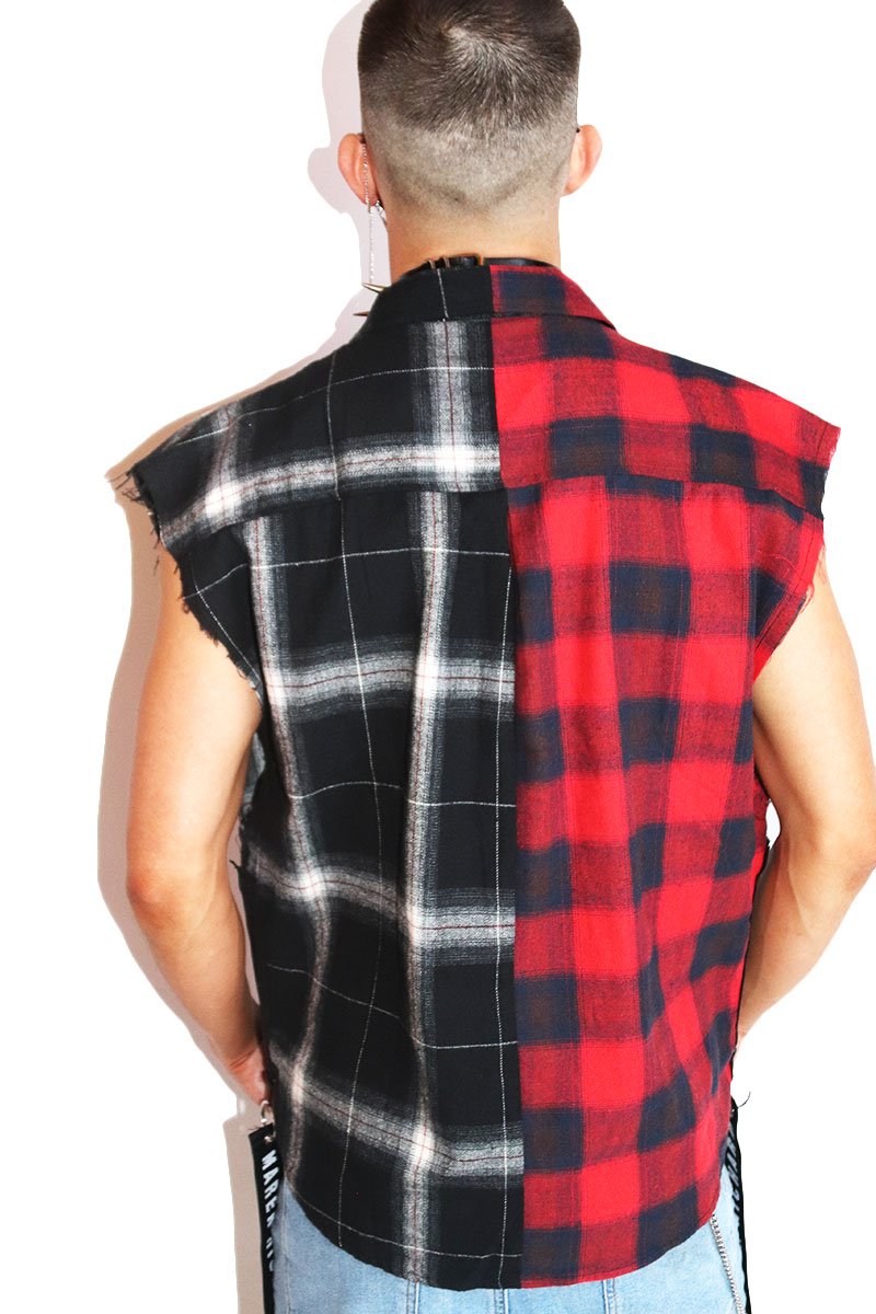 Young Punk Sleeveless Plaid Shirt- Red