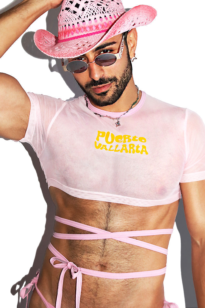 Puerto Vallarta Mesh Crossed Tie Extreme Crop Tee- Pink
