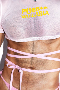 Puerto Vallarta Mesh Crossed Tie Extreme Crop Tee- Pink