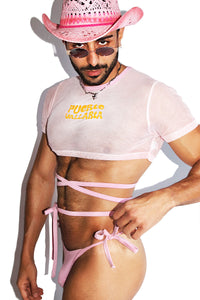 Puerto Vallarta Mesh Crossed Tie Extreme Crop Tee- Pink