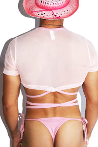 Puerto Vallarta Mesh Crossed Tie Extreme Crop Tee- Pink