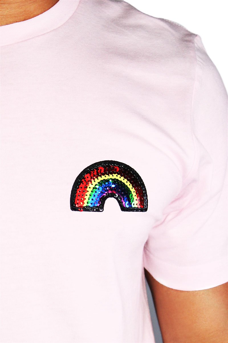 Rainbow Sequin Crop Tee-Pink