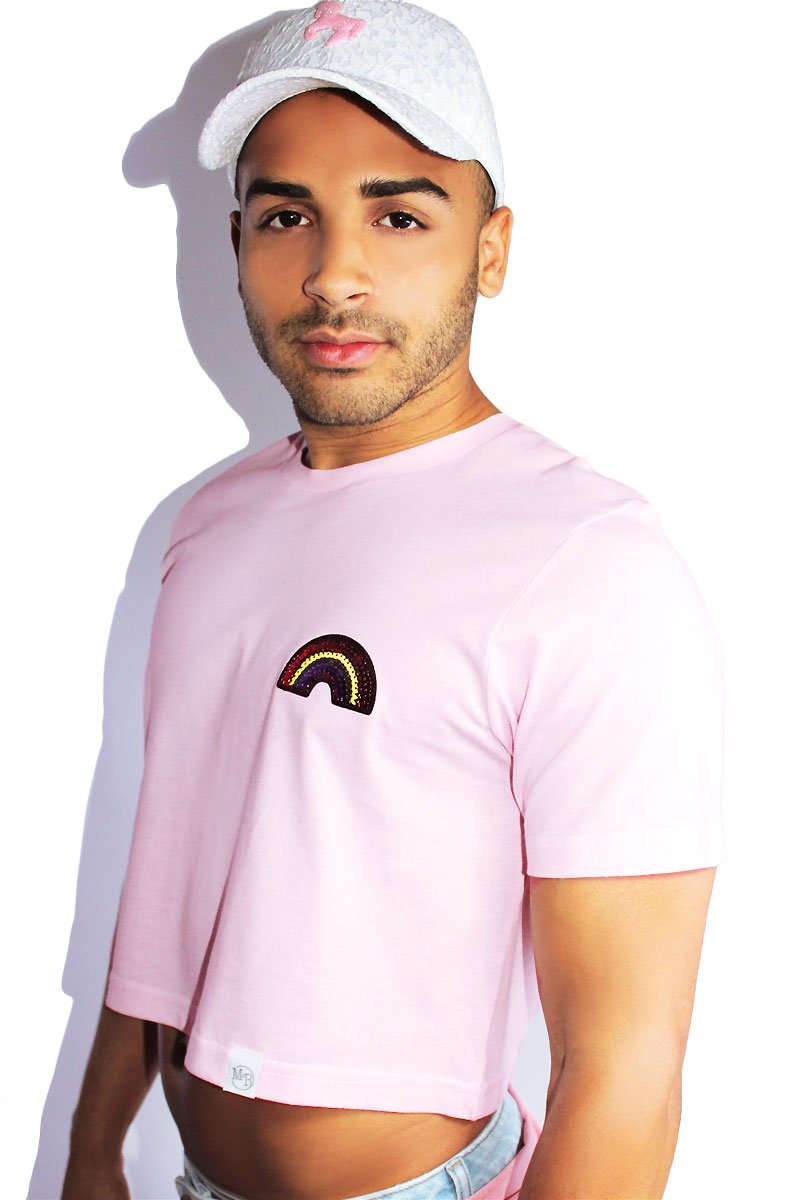 Rainbow Sequin Crop Tee-Pink