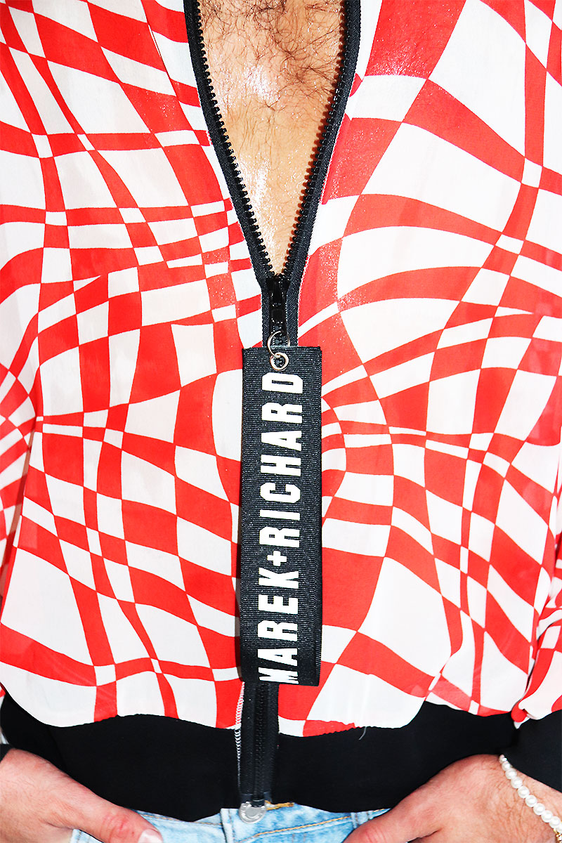 Distorted Grid Bomber Jacket- Red