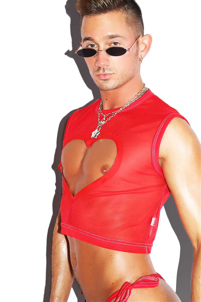 Heart Mesh Cutout Crop Tank- Red