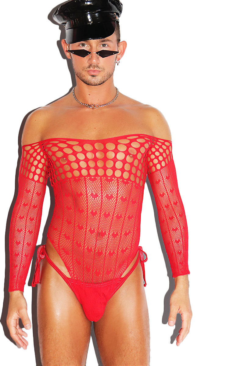 Queen Of Hearts Mesh Long Sleeve Fishnet Bodysuit Tights- Red