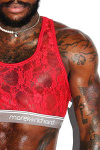 Lace Lingerie Crop Racerback Tank- Red