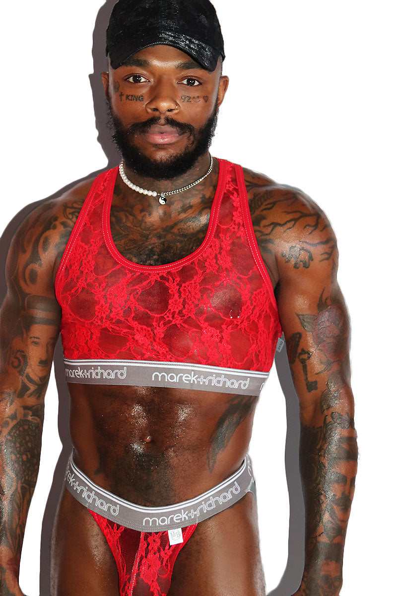 Lace Lingerie Crop Racerback Tank- Red