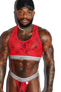 Lace Lingerie Crop Racerback Tank- Red