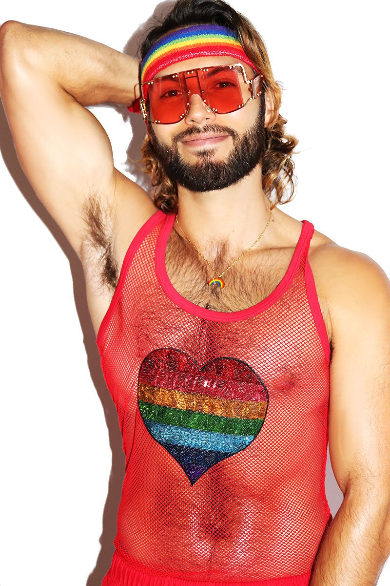 Love Sequin Rainbow Mesh Racerback Tank-Red