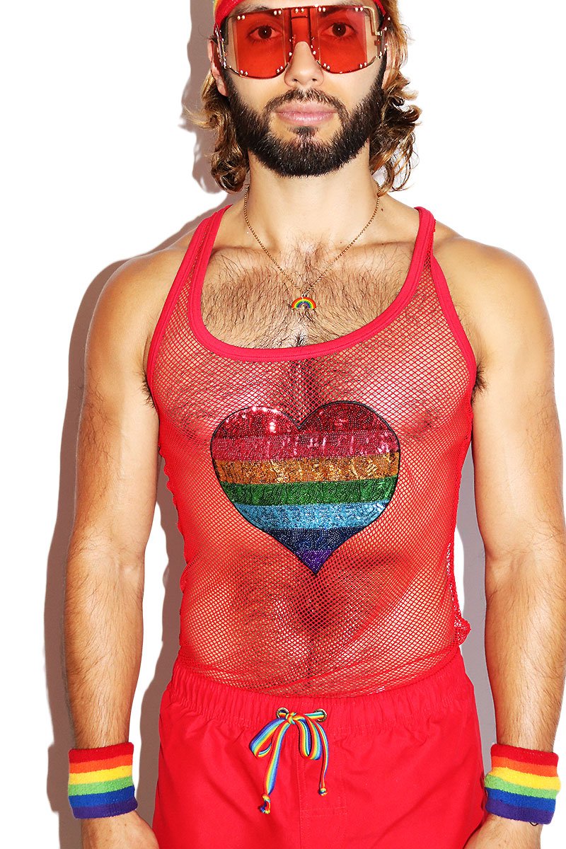 Love Sequin Rainbow Mesh Racerback Tank-Red