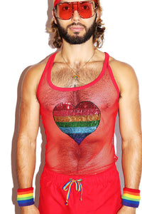 Love Sequin Rainbow Mesh Racerback Tank-Red