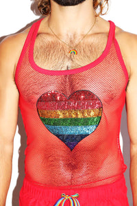 Love Sequin Rainbow Mesh Racerback Tank-Red