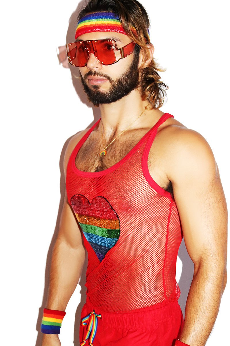 Love Sequin Rainbow Mesh Racerback Tank-Red