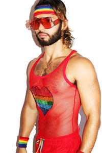 Love Sequin Rainbow Mesh Racerback Tank-Red