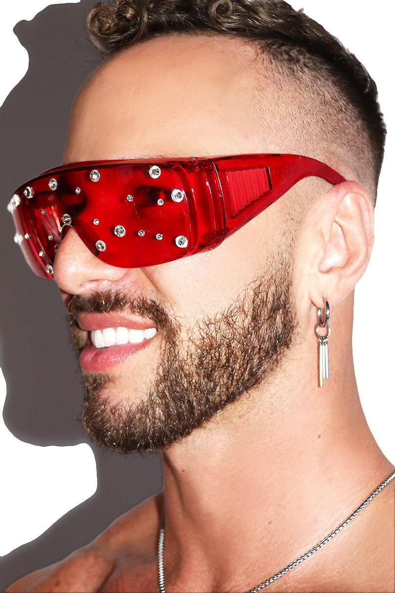 Safety First Rhinestone Goggle Sunglasses- Red