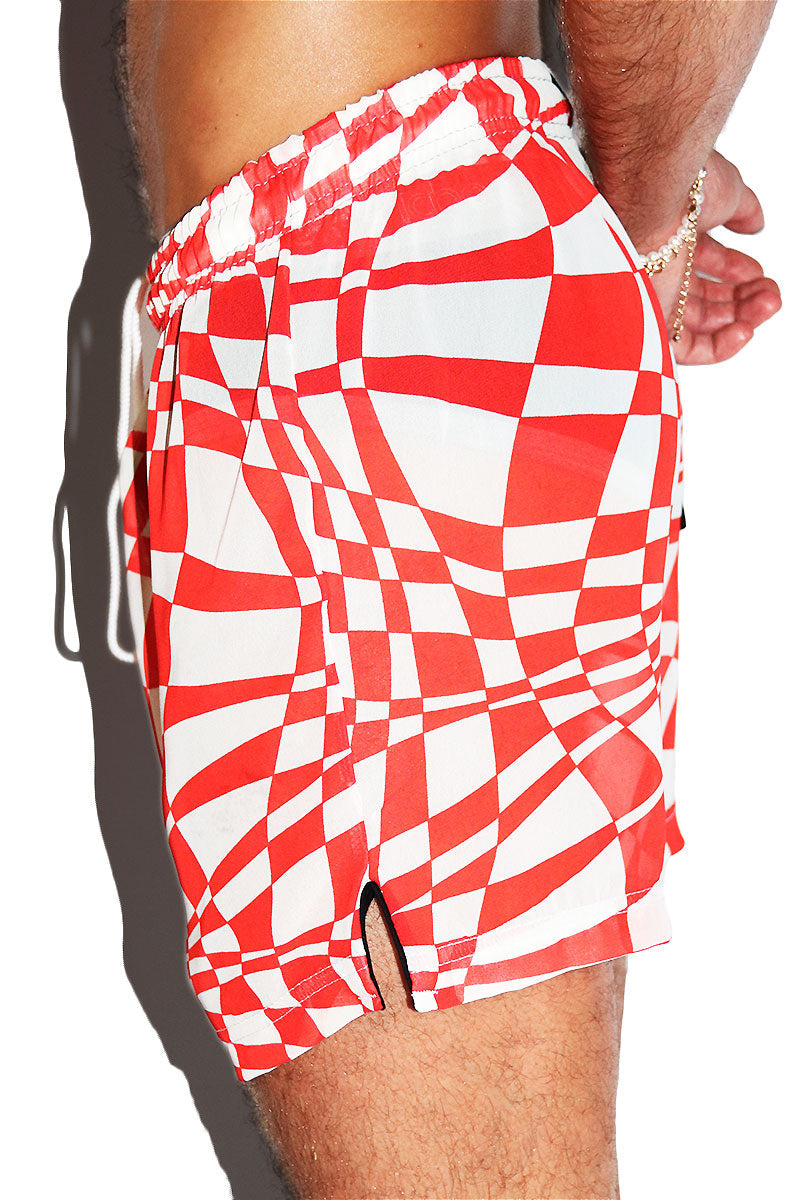 Distorted Grid Athletic Shorts-Red