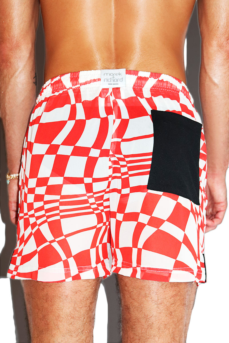 Distorted Grid Athletic Shorts-Red