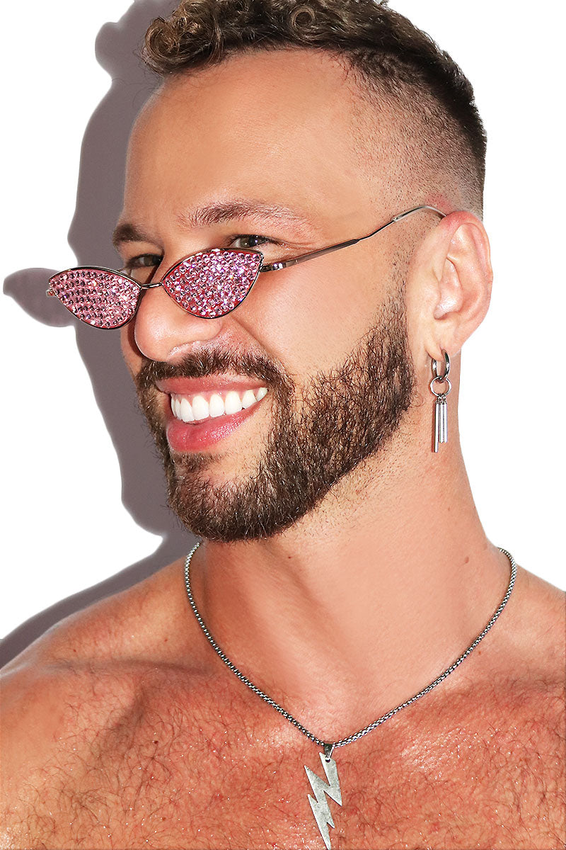 Almond Rhinestone Peeper Sunglasses- Pink